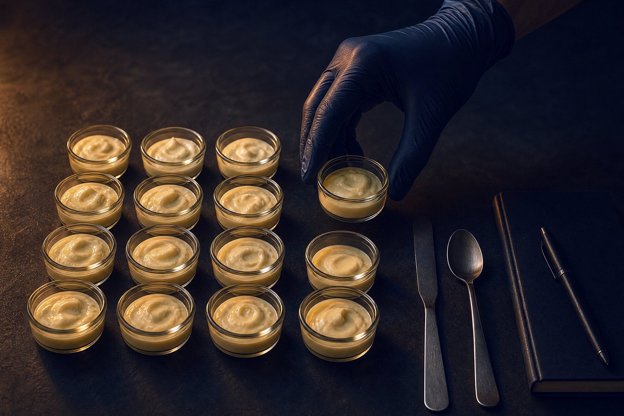 Generated image: A gloved hand sets a small sample cup into a neat grid of cream samples on a dark bench, beside a spatula, a spoon and a closed notebook.