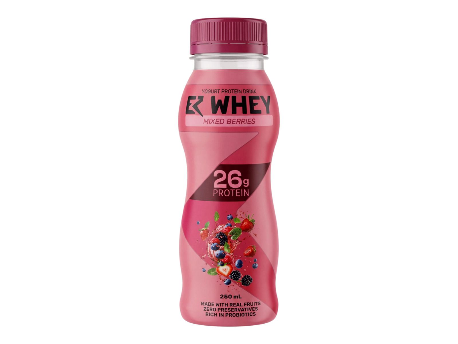 EZ Whey Mixed Berries yogurt protein drink bottle; the label reads 26 g protein