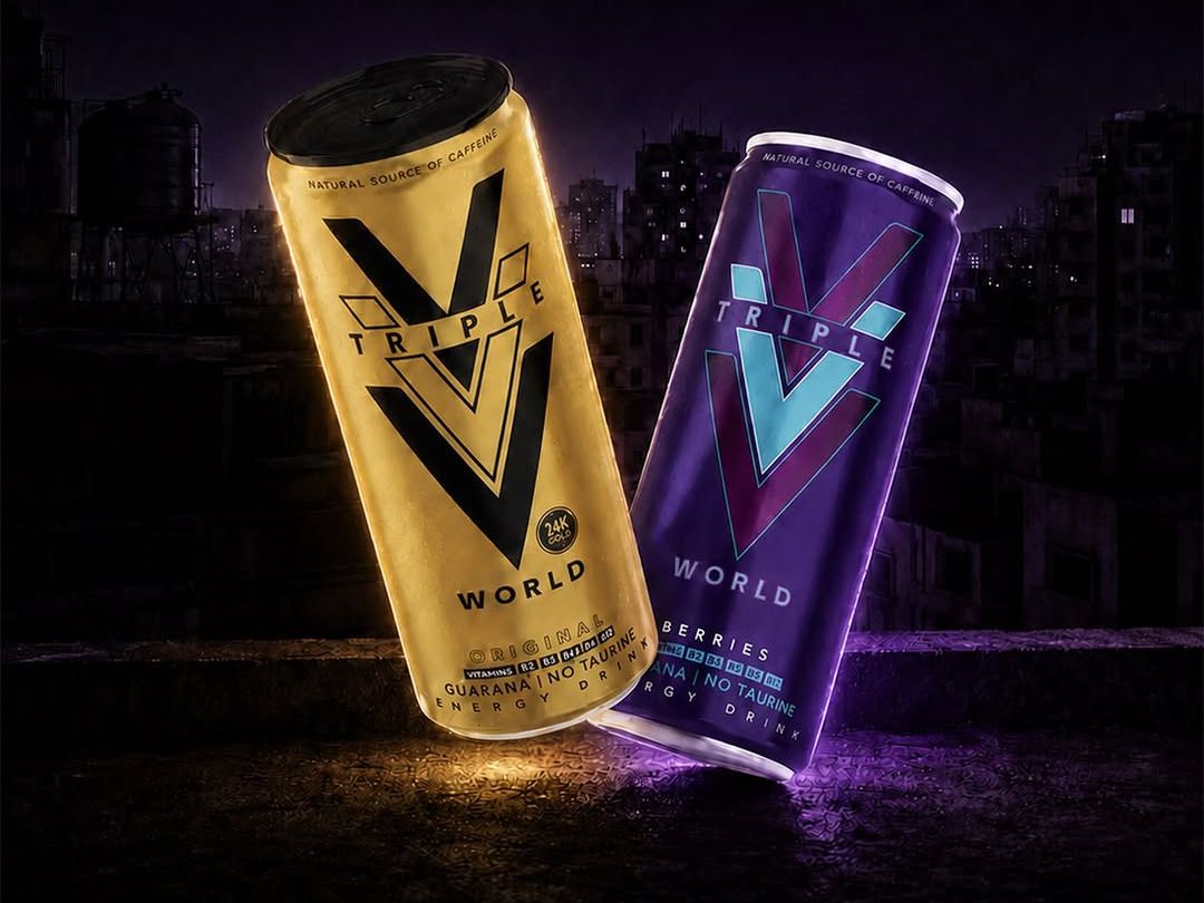 Two Triple V World cans at night, the purple Berries and the gold Original
