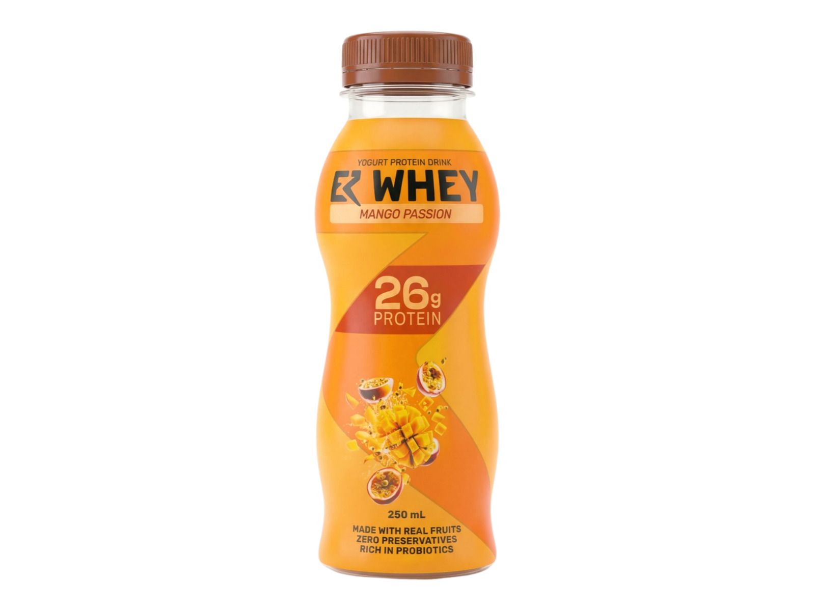 EZ Whey Mango Passion yogurt protein drink bottle; the label reads 26 g protein