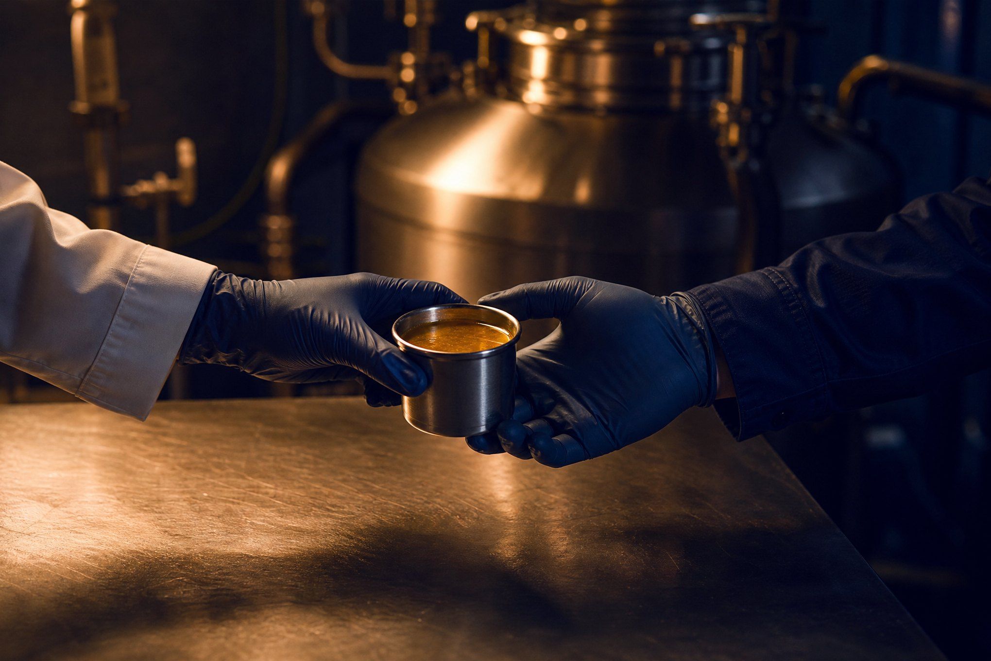 Generated image: Two gloved hands, one in a lab-coat sleeve and one in a work-jacket sleeve, pass a small steel sample cup across a steel table in a production plant.