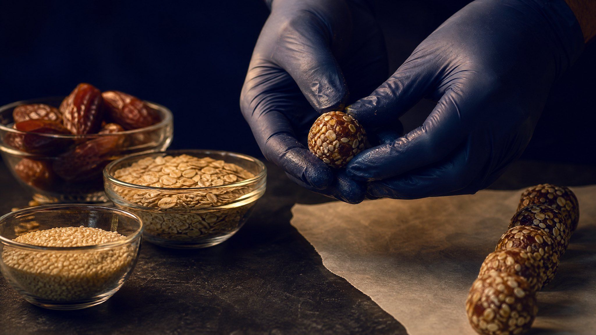 Generated image: Gloved hands roll a small date, oat and sesame bite beside a row of finished bites and small dishes of dates, oats and sesame.