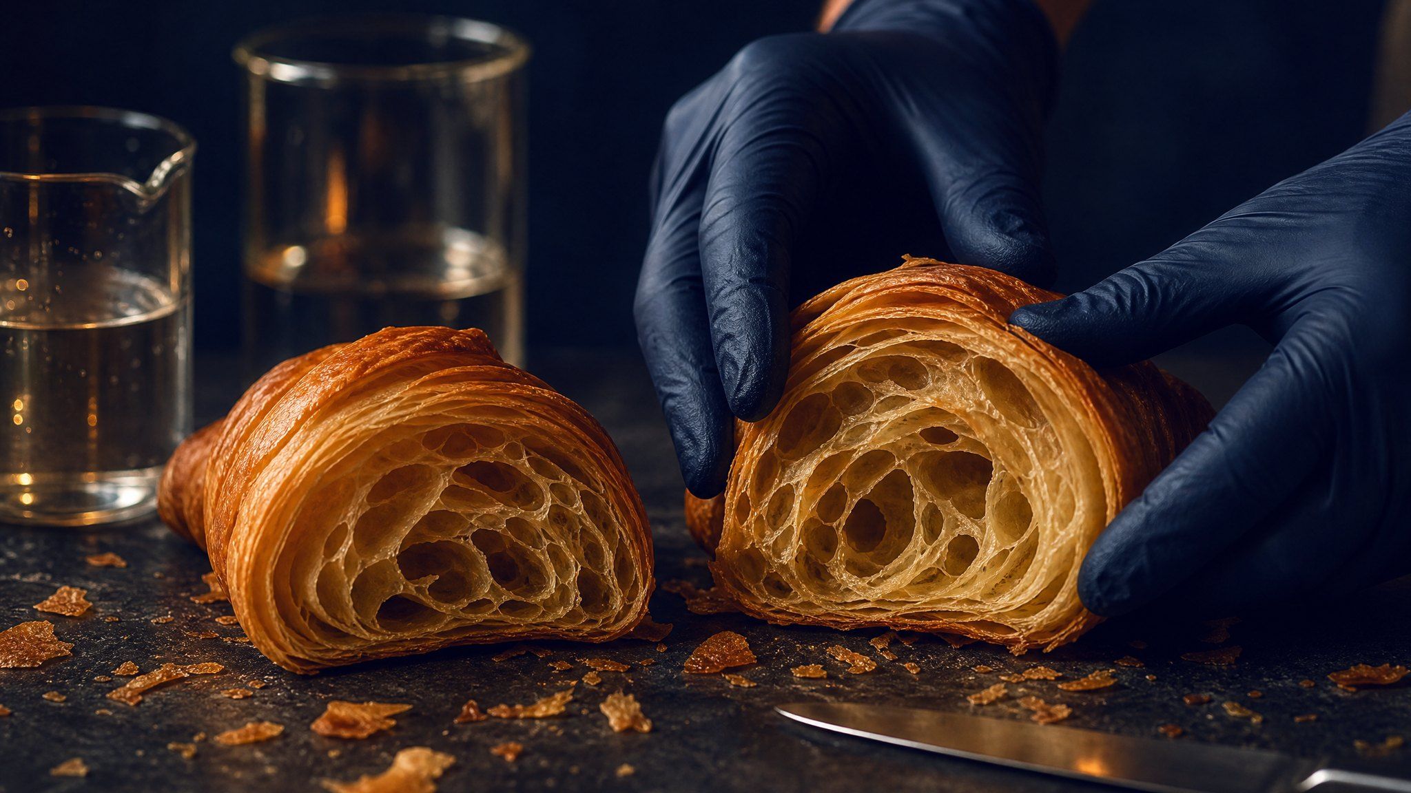 Generated image: Two croissants cut open side by side on a dark bench; a gloved hand holds one half to compare its layers with the other.