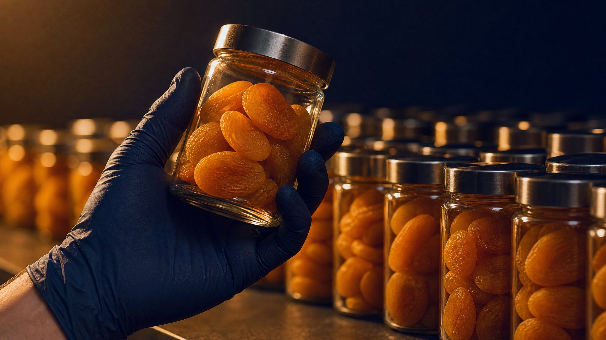 Generated image: A gloved hand lifts a sealed glass jar of dried apricot halves from a shelf of identical jars kept for storage checks.